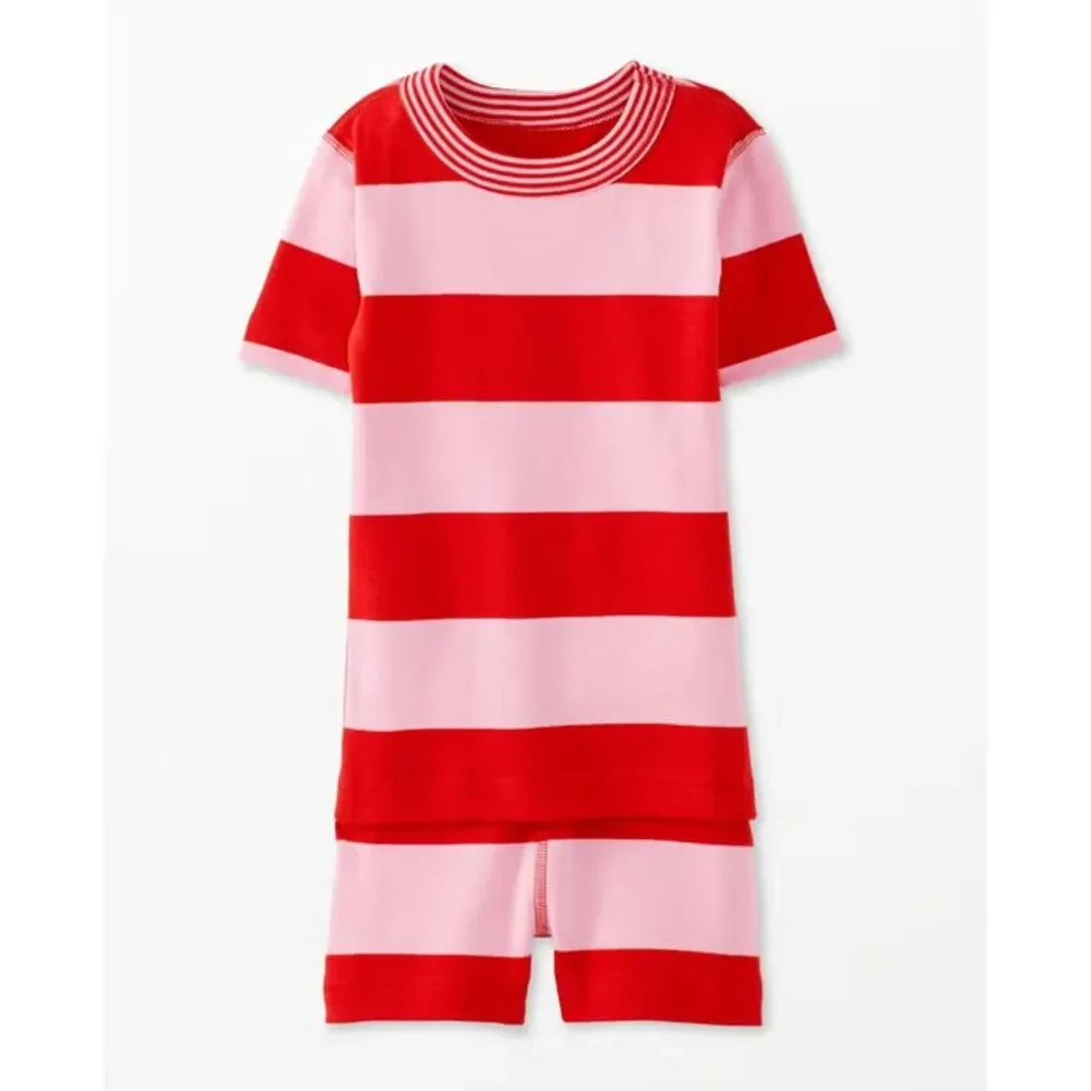 Hanna Andersson Contrast Striped Short John Pajama Set Poppy/Fondant Pink US 8
